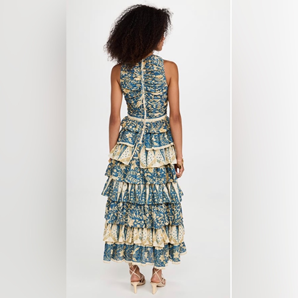 Ulla Johnson Blue and Cream Tiered Ruffled Maxi Dress - Picture 3 of 16